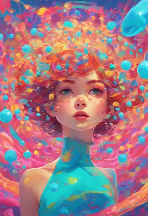 ((top-quality, 8K)), (Realistic), (Face Focus: 1.1), (cyan colors:1.3), girl with, short-hair, Hair fluttering in the wind, (Sleeveless: 1.1)、Skirt, C cup breasts, Countless soap bubbles,