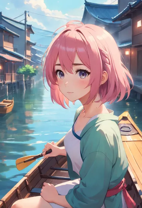 high quality, 8K Ultra HD, best detail, A digital illustration of anime style, digital ® anime paintings of her, soft anime tones, Feels like Japanese anime, ARIA, Detailed illustration of Akari Mizunashi rowing a gondola, Pink hair, long hair on the sides...