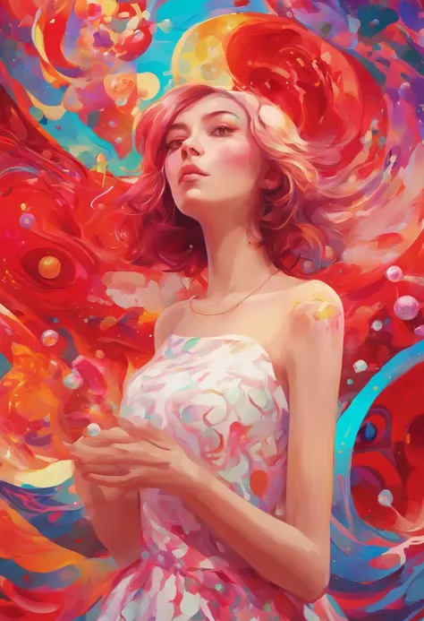 ((top-quality, 8K)), (Realistic), (Face Focus: 1.1), (red and white:1.3), girl with, short-hair, Hair fluttering in the wind, (Sleeveless: 1.1)、Skirt, C cup breasts, Countless soap bubbles,