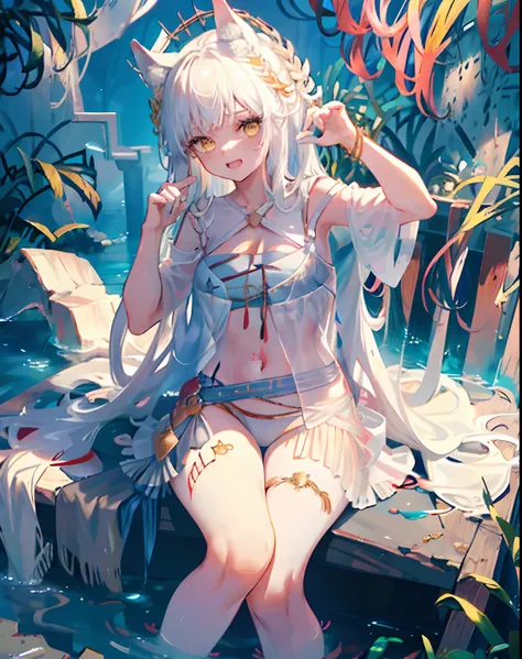 1girll，独奏，exteriors，Platinum dew，light_smile，yellow-eyed，sitted，pillar，teens girl，Messy hair，Raised sexy，Tattooed with，seductiv，Its heartwarming，heartbeat，cropped shoulders，Half chest exposed，showing belly，Expose female how long legs，No shoes，jade foot，Ope...