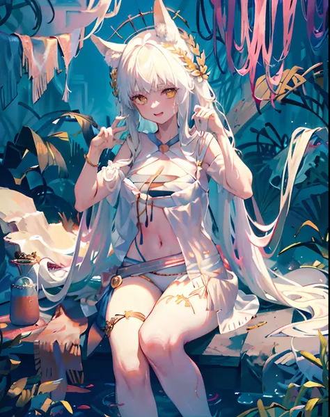 1girll，独奏，exteriors，Platinum dew，light_smile，yellow-eyed，sitted，pillar，teens girl，Messy hair，Raised sexy，Tattooed with，seductiv，Its heartwarming，heartbeat，cropped shoulders，Half chest exposed，showing belly，Expose female how long legs，No shoes，jade foot，Ope...