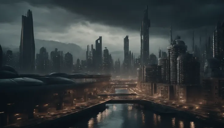 a dystopian futuristic city inhabited only by men with lots of brutalist architecture