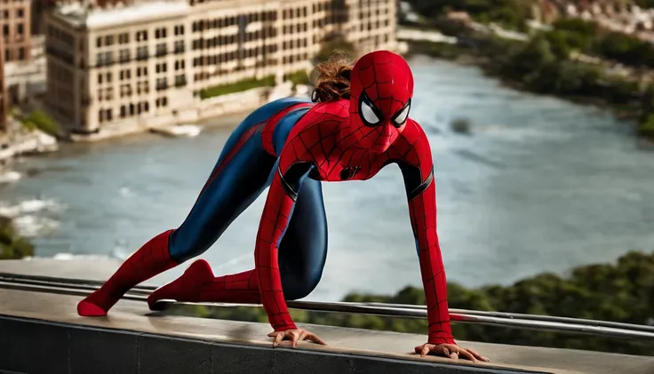 a woman on a spider - man suit standing on a ledge, ( ( Mulher-Aranha ) ), Mulher Aranha, Emma Watson como Homem-Aranha, Mulher-Aranha!!!!!, Mulher-Aranha!!, Mila Jovovich como Mulher-Aranha, Lara Croft como Mulher-Aranha, sem texto, Personagem da Marvel, ...