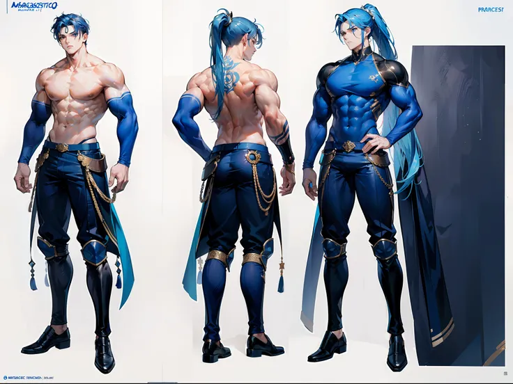 ((Masterpiece, Highest quality)), Detailed face, character design sheet， full bodyesbian, Full of details, frontal body view, back body view, Highly detailed, Depth, Many parts, Muscle boy with ponytail long blue hair，handsome man, muscle body, navy, comma...