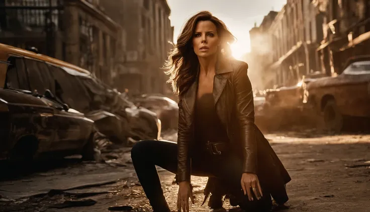 Kate Beckinsale usa um traje detalhado de metal do Homem-Aranha, Photos of fashionable women with angry expressions, seios grandes, Superhero pose, Standing in a ruined city at sunset, Ultra - Detalhado, smoke billowing, Spark of Light, sunlight, (8k), Rea...