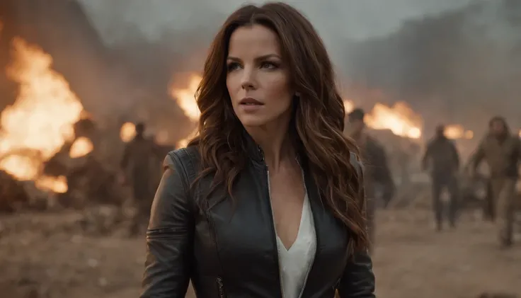 Kate Beckinsale usa um traje detalhado de metal do Homem-Aranha, Photos of fashionable women with angry expressions, seios grandes, Superhero pose, Standing in a ruined city at sunset, Ultra - Detalhado, smoke billowing, Spark of Light, sunlight, (8k), Rea...