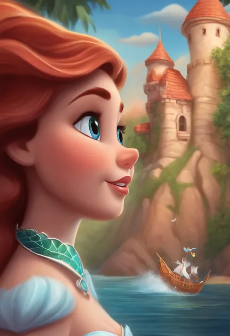 um close up de uma sereia de desenho animado deitada em um tronco, Princesa Ariel, Pequena Sereia, Ariel, a Pequena Sereia, little mermaid magical kingdom, A Pequena Sereia, desenho animado da disney, 🪔 🎨;🌞🌄, Pritty, estilo de arte disney, 😃😀😄☺🙃😉😗, in cart...