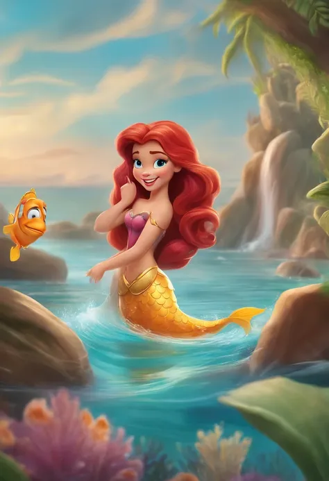 um close up de uma sereia de desenho animado deitada em um tronco, Princesa Ariel, Pequena Sereia, Ariel, a Pequena Sereia, little mermaid magical kingdom, A Pequena Sereia, desenho animado da disney, 🪔 🎨;🌞🌄, Pritty, estilo de arte disney, 😃😀😄☺🙃😉😗, in cart...