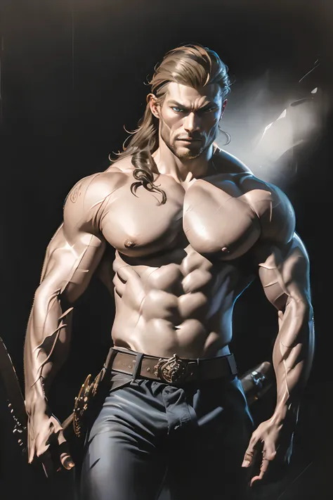 male in a brown outfit with a horned head and a sword, Personagem altamente detalhado, guerreiro viking, epic viking king, Old Norse epic hero, musculoso cabelo longo com tatuagem Filipino God of War, estilo modelshoot, (papel de parede CG 8k extremamente ...