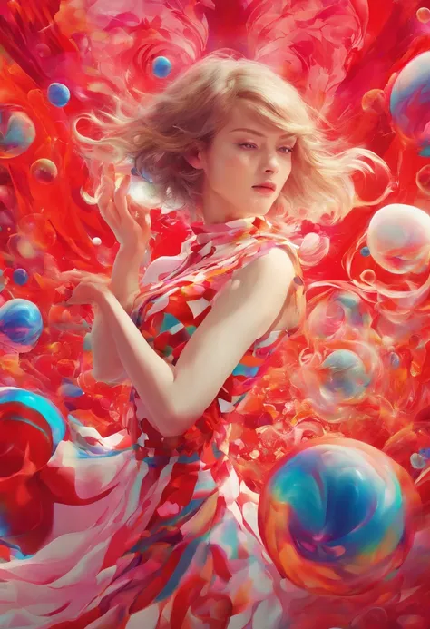 ((top-quality, 8K)), (Realistic), (Face Focus: 1.1), (red and white:1.3), girl with, short-hair, Hair fluttering in the wind, (Sleeveless: 1.1)、Skirt, C cup breasts, Countless soap bubbles,