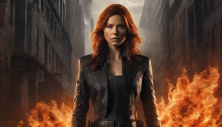 1girl, (((solo))), Jessica Biel dressed in Jean Greys uniform from the X-Men comics. Her hair is engulfed in flames and her eyes glow like LED lights. Full-length portrait (((engulfed in flames))) showing an imposing posture, towards the viewer. Behind it ...