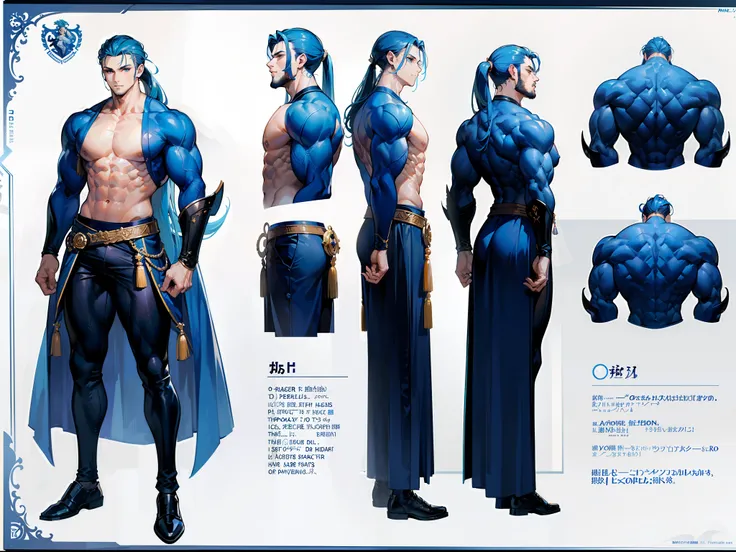 ((Masterpiece, Highest quality)), Detailed face, character design sheet， full bodyesbian, Full of details, frontal body view, back body view, Highly detailed, Depth, Many parts, Muscle boy with ponytail long blue hair，handsome man, muscle body, navy, comma...