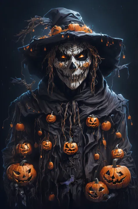 arafed image of a scare with pumpkins in his hands, halloween art style, powerful male scarecrow, scary detailed art in color, detailed 4k horror artwork, dark but detailed digital art, scarecrow, 4k detailed digital art, 4k highly detailed digital art, ha...