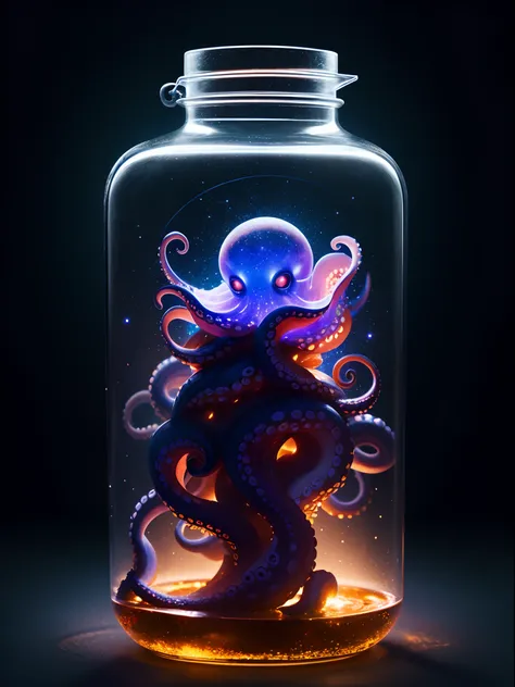 galaxy environment, caprichoso, A small octopus in a magical jar of unviable dream, 8k, Vivid, ultra detalis | | |, color lighting, fotografia surreal, retrato