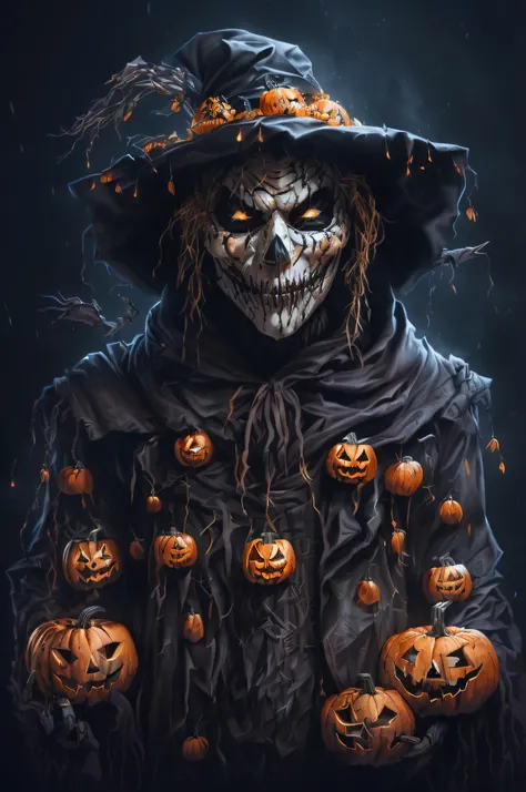 arafed image of a scare with pumpkins in his hands, halloween art style, powerful male scarecrow, scary detailed art in color, detailed 4k horror artwork, dark but detailed digital art, scarecrow, 4k detailed digital art, 4k highly detailed digital art, ha...