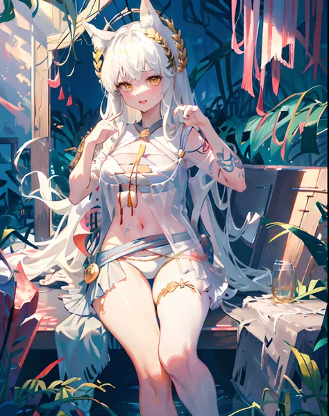 1girll，独奏，exteriors，Platinum dew，Light_Smile，yellow-eyed，sitted，pillar，teens girl，Messy hair，Raised sexy，Tattooed with，seductiv，Its heartwarming，heartbeat，cropped shoulders，Half chest exposed，showing belly，Exposing how long legs women have，No shoes，Jade fo...