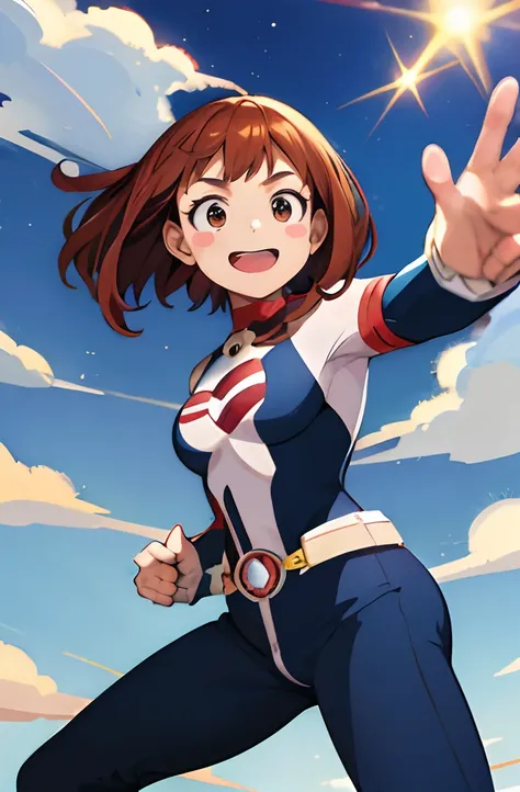 ​masterpiece, Better Quality, hight resolution, hmochako, blush stickers, short-haired, medium breasts⁩, Superman Superhero, full bodyesbian, cowboy  shot, permanent, They are smiling,String leotards, .png