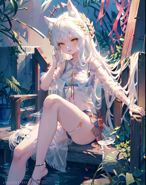 1girll，独奏，exteriors，Platinum dew，Light_Smile，yellow-eyed，sitted，pillar，teens girl，Messy hair，Raised sexy，Tattooed with，seductiv，Its heartwarming，heartbeat，cropped shoulders，Half chest exposed，showing belly，Exposing how long legs women have，No shoes，Jade fo...