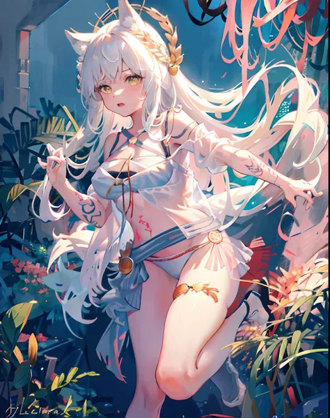 1girll，独奏，exteriors，Platinum dew，Light_Smile，yellow-eyed，sitted，pillar，teens girl，Messy hair，Raised sexy，Tattooed with，seductiv，Its heartwarming，heartbeat，cropped shoulders，Half chest exposed，showing belly，Exposing how long legs women have，No shoes，Jade fo...