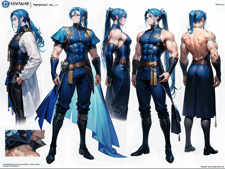 ((Masterpiece, Highest quality)), Detailed face, character design sheet， full bodyesbian, Full of details, frontal body view, back body view, Highly detailed, Depth, Many parts, Muscle boy with ponytail long blue hair，handsome man, muscle body, navy, comma...