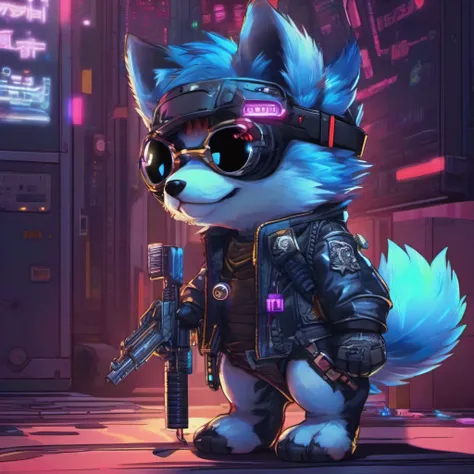 Blue doge chibi with hyper-realistic cyberpunk style in cyberpunk aesthetic cyberpunk shading, cyberpunk leon