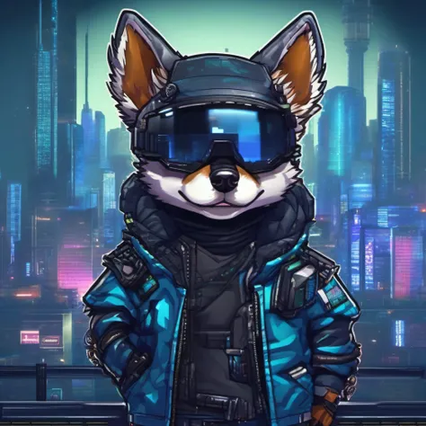 Blue doge chibi with hyper-realistic cyberpunk style in cyberpunk aesthetic cyberpunk shading, cyberpunk leon