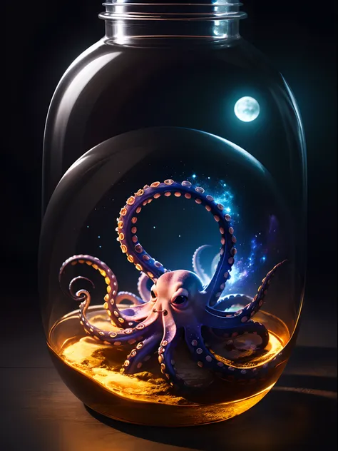 galaxy environment, caprichoso, A small octopus in a magical jar of unviable dream, 8k, Vivid, ultra detalis | | | |, color lighting, fotografia surreal, retrato