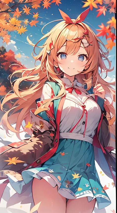 masutepiece, Best Quality,Illustration, Wallpaper, ultra -detail, Absurd beauty, 1beautiful girl、Bright hair color、Glitter and big eyes、Hair fluttering in the wind、ample breasts、♡、Smaller head、Autumn landscape、miscievous smile