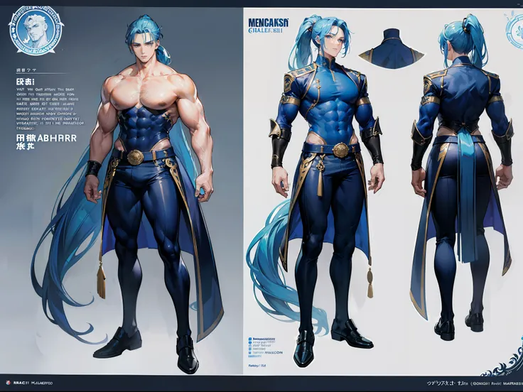 ((Masterpiece, Highest quality)), Detailed face, character design sheet， full bodyesbian, Full of details, frontal body view, back body view, Highly detailed, Depth, Many parts, Muscle boy with ponytail long blue hair，handsome man, muscle body, navy, comma...