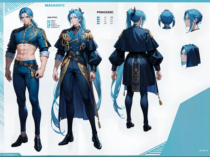 ((Masterpiece, Highest quality)), Detailed face, character design sheet， full bodyesbian, Full of details, frontal body view, back body view, Highly detailed, Depth, Many parts, Muscle boy with ponytail long blue hair，handsome man, muscle body, navy, comma...