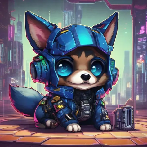 Blue doge chibi with hyper-realistic cyberpunk style in cyberpunk aesthetic cyberpunk shading, cyberpunk leon