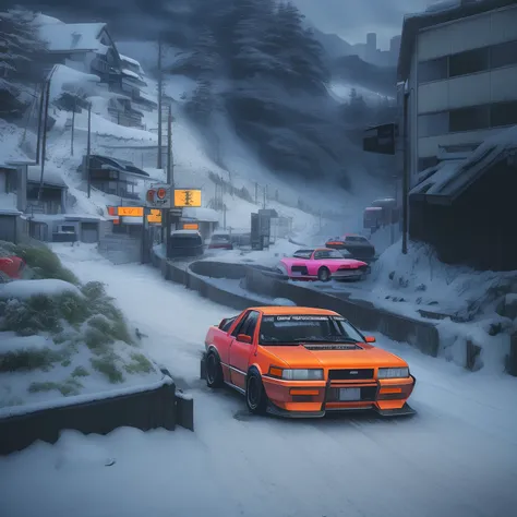 Tokyo, cars, city, drift, mountain, snow, cars JDM, abandoned city, drift cars, realistic cars, Tokyo mountain, neon city,