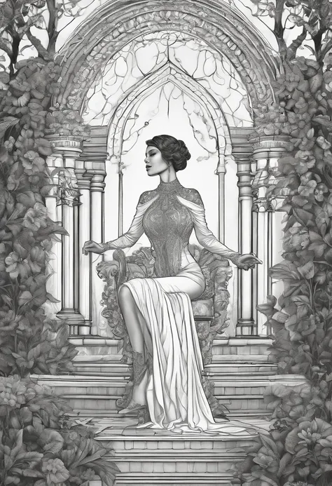 Black and white outline drawing in the style of a coloring book, full body shot, photography, centerfold, wide angle shot of a lovely embellished curvy ultra busty dark brown skin woman on a throne in fire, wet shirt in enchanted forest tattoo design on th...