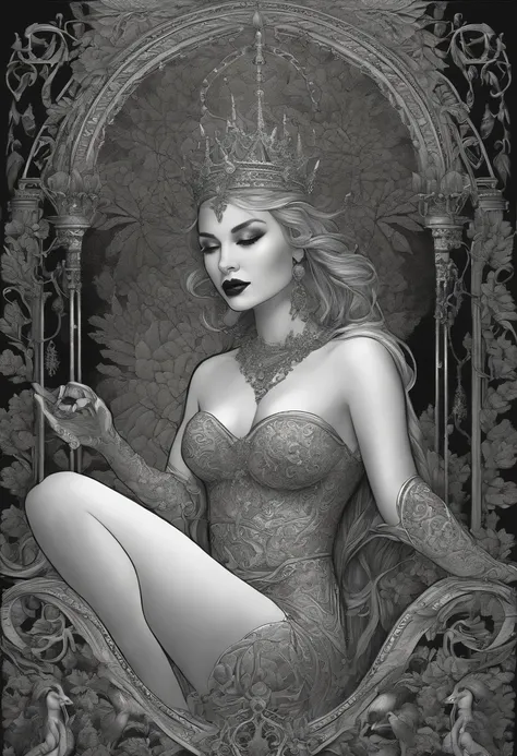 Black and white outline drawing in the style of a coloring book, full body shot, photography, centerfold, wide angle shot of a lovely embellished curvy ultra busty dark brown skin woman on a throne in fire, wet shirt in enchanted forest tattoo design on th...