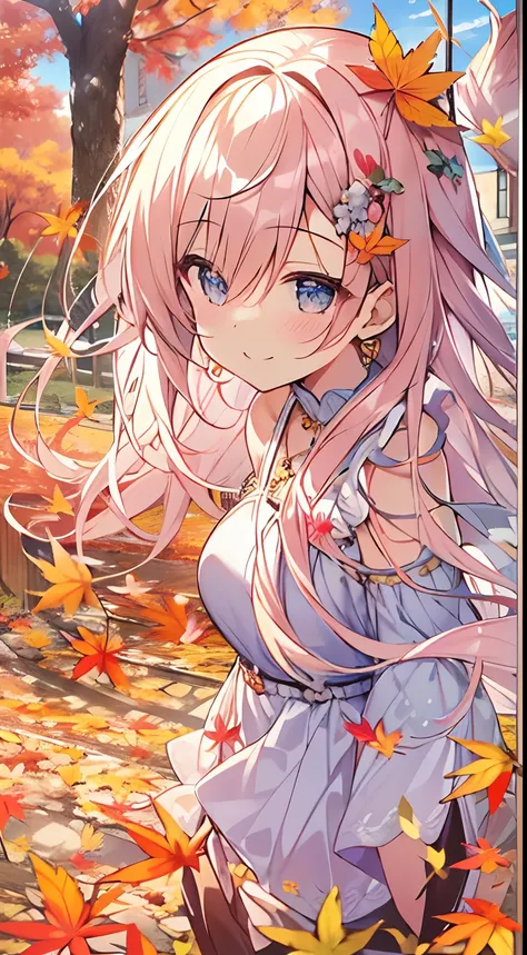 masutepiece, Best Quality,Illustration, Wallpaper, ultra -detail, Absurd beauty, 1beautiful girl、Bright hair color、Glitter and big eyes、Hair fluttering in the wind、ample breasts、♡、Smaller head、Autumn landscape、miscievous smile