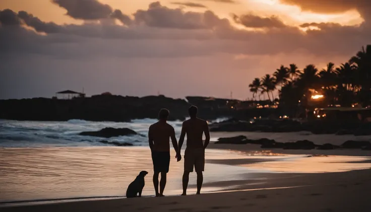 Men watching the sunset on a paradisiacal beach on a late spring afternoon, hora dourada, foco nítido, qualidade 8K, sentimento de melancolia e nostalgia, nostalgic atmosphere, foto RAW