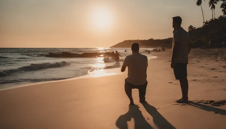 Men watching the sunset on a paradisiacal beach on a late spring afternoon, hora dourada, foco nítido, qualidade 8K, sentimento de melancolia e nostalgia, nostalgic atmosphere, foto RAW