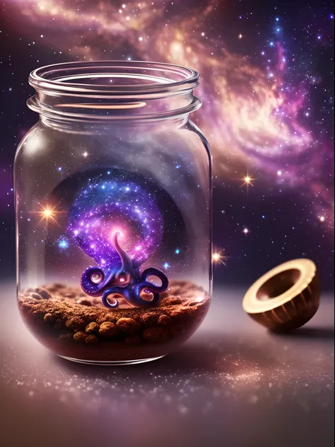 galaxy environment, caprichoso, A small octopus in a magical jar of unviable dream, 8k, Vivid, ultra detalis | | | | |, color lighting, fotografia surreal, retrato