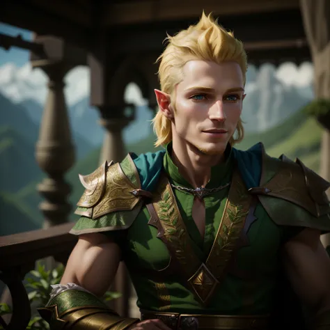 arafed male in green outfit standing on a balcony with a mountain view, beautiful male elf, male blonde elf ranger, a portrait of a male elf, elvish blonde male warrior, a male elf, elven male, fantasy movie still, elven character with smirk, male elf rang...