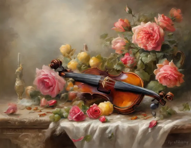 (absurdos, Altas, ultra detalhado), um violino ornamentado, Roses, pearling, ouro, ouros, Ultra photo realism, super-fino, 8k,Premium wallpapers，A mais alta qualidade de imagem，..3d,c4d,Master masterpieces，octane rendering