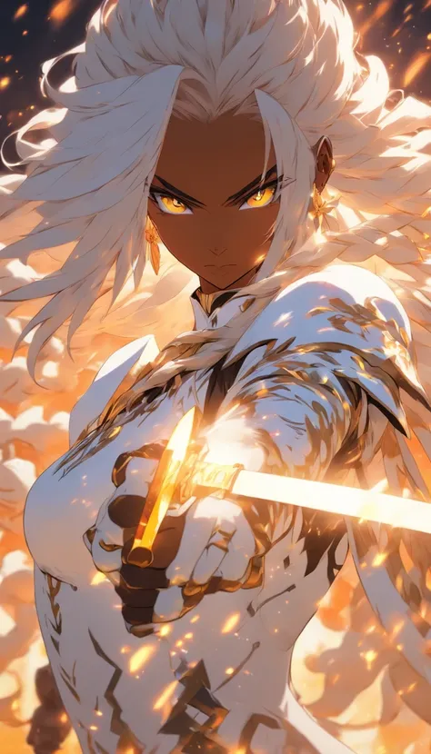 Black anime girl with long white hair in a white outfit, yellow eyes, with a sword, impatic genshin style