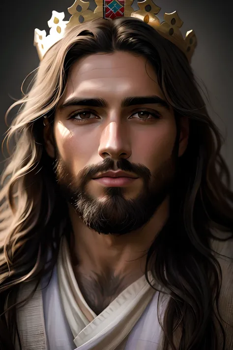 imagem arrapada de um homem com cabelos compridos usando uma coroa, Retrato de Jesus Cristo, Jesus Cristo, rosto de Jesus, pintura digital ultra realista, Jesus, beautiful man, arte digital altamente realista, pintura digital fotorrealista, arte digital mu...