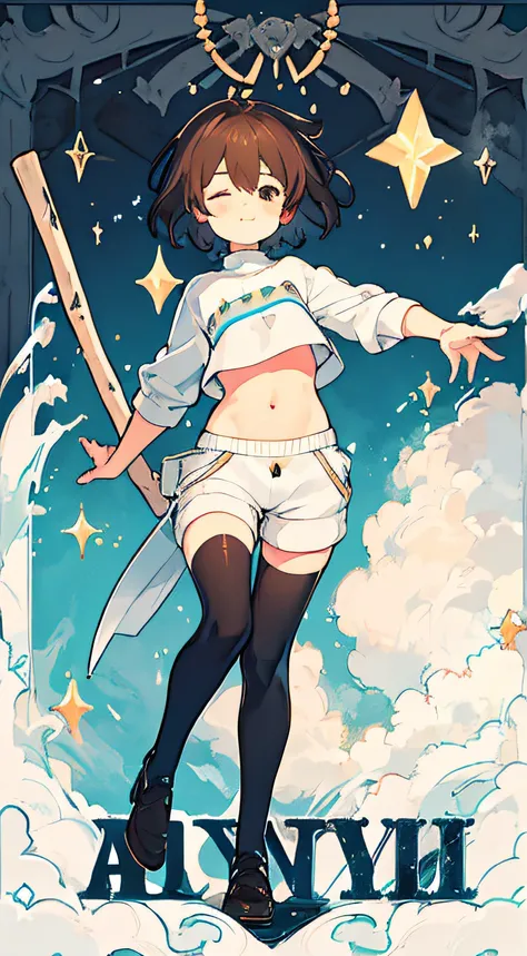 Under the legend，frisk，femele，sexy for，Blue crop top，brown shorts，black lence stockings，Small brown shoes，Full body standing painting，Enchanting pose，seduce，Raised sexy，with short brown hair，Seductive smiles，Stick out your tongue，Flushed，the shy，boobgasm，W...