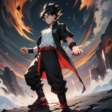 full body, dragon ball character , black jacket over a white t-shirt , black t-shirt , black ClothMask , Black pushed back haircut , red eyes , two hands up, standing, bent knees epic posture in defense