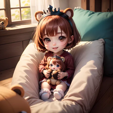 ​masterpiece、top-quality、ultra-detailliert、(Chibi Charas Daughter:1.2)、Chibi Living、Reddish brown Sauvage hair, wraith、Pastel Tiara、Dragging the hand of a stuffed bear、Stuffed Bear、Open your mouth and smile、Fluffy socks、