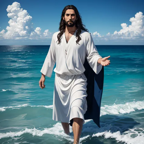 jesus is standing in the ocean, jesus christ, portrait of jesus christ, jesus walking on water, god of the heavens, the god of the ocean, jesus looking straight ahead, the sea behind him, perfect face, detailed face, young almighty god, fan art, jesus face...