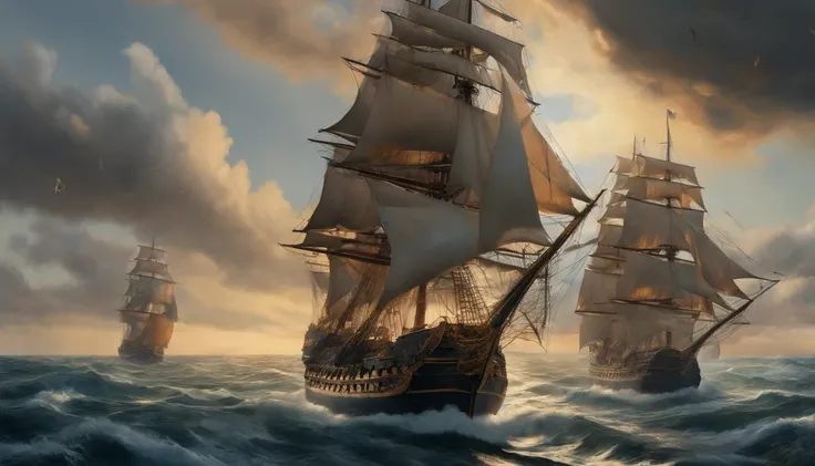 (best quality,4k,8k,highres,masterpiece:1.2),ultra-detailed,(realistic,photorealistic,photo-realistic:1.37),a Victorian era warship,steeped in history,grandeur,an awe-inspiring vessel,sailing majestically across the open sea,vast sails billowing in the win...