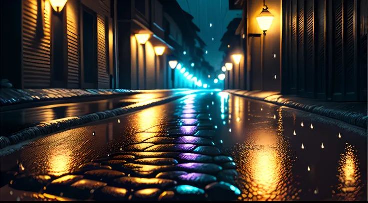 View of an asphalt street wet by rain, noite, leve iluminacao de um poste, acento de madeira, suspense