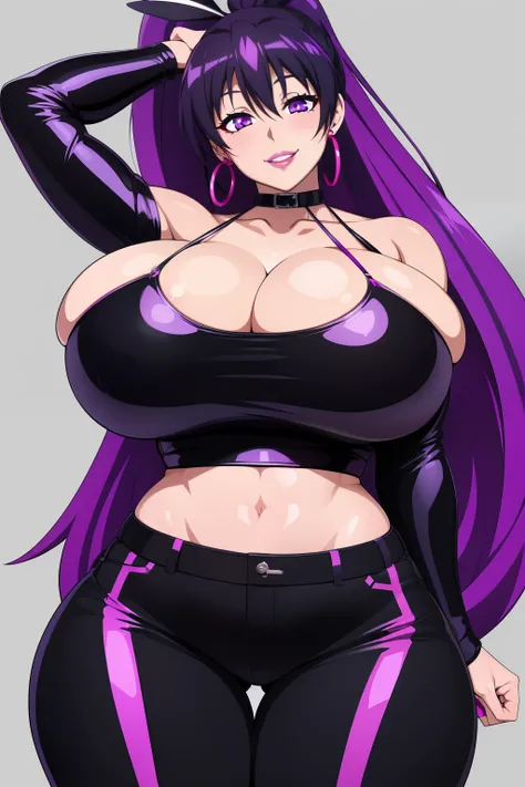 Akeno Himejima, 1girl, (((bimbo))), long purple hair, purple eyes, ear rings, (((bimbo))), puffy lips, painted lips, thick lips, smile face, wide hips, thick thighs, huge natural breasts, black jeans, black latex top,