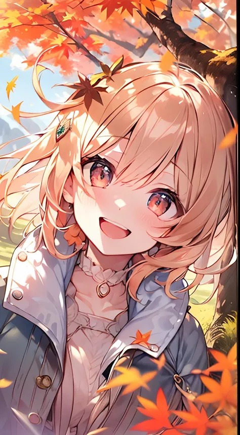 masutepiece, Best Quality,Illustration, Wallpaper, ultra -detail, Absurd beauty, 1beautiful girl、Bright hair color、Glitter and big eyes、Hair fluttering in the wind、ample breasts、♡、Smaller head、Autumn landscape、miscievous smile